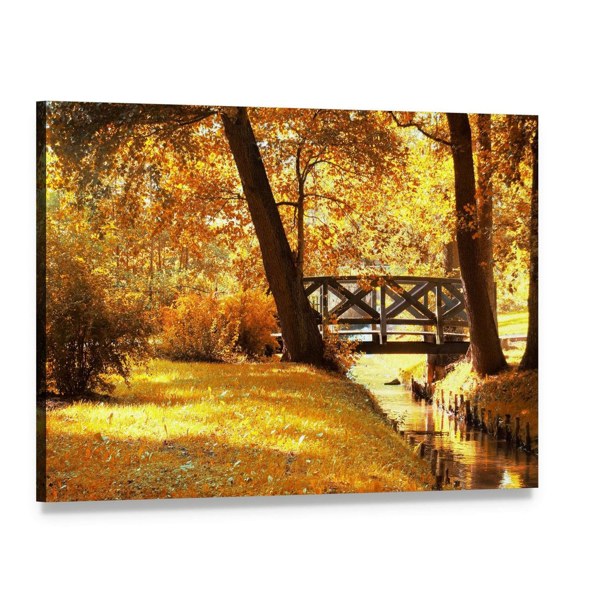 Autumn Bridge Over Golden Stream Canvas Wall Art, single panel gallery wrapped canvas, angled product view