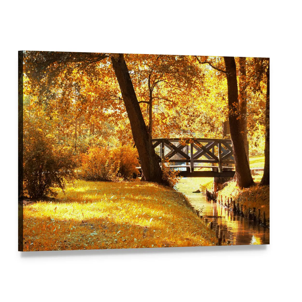Wooden Bridge in Golden Autumn Park Canvas Wall Art, single panel gallery wrapped canvas, angled product view