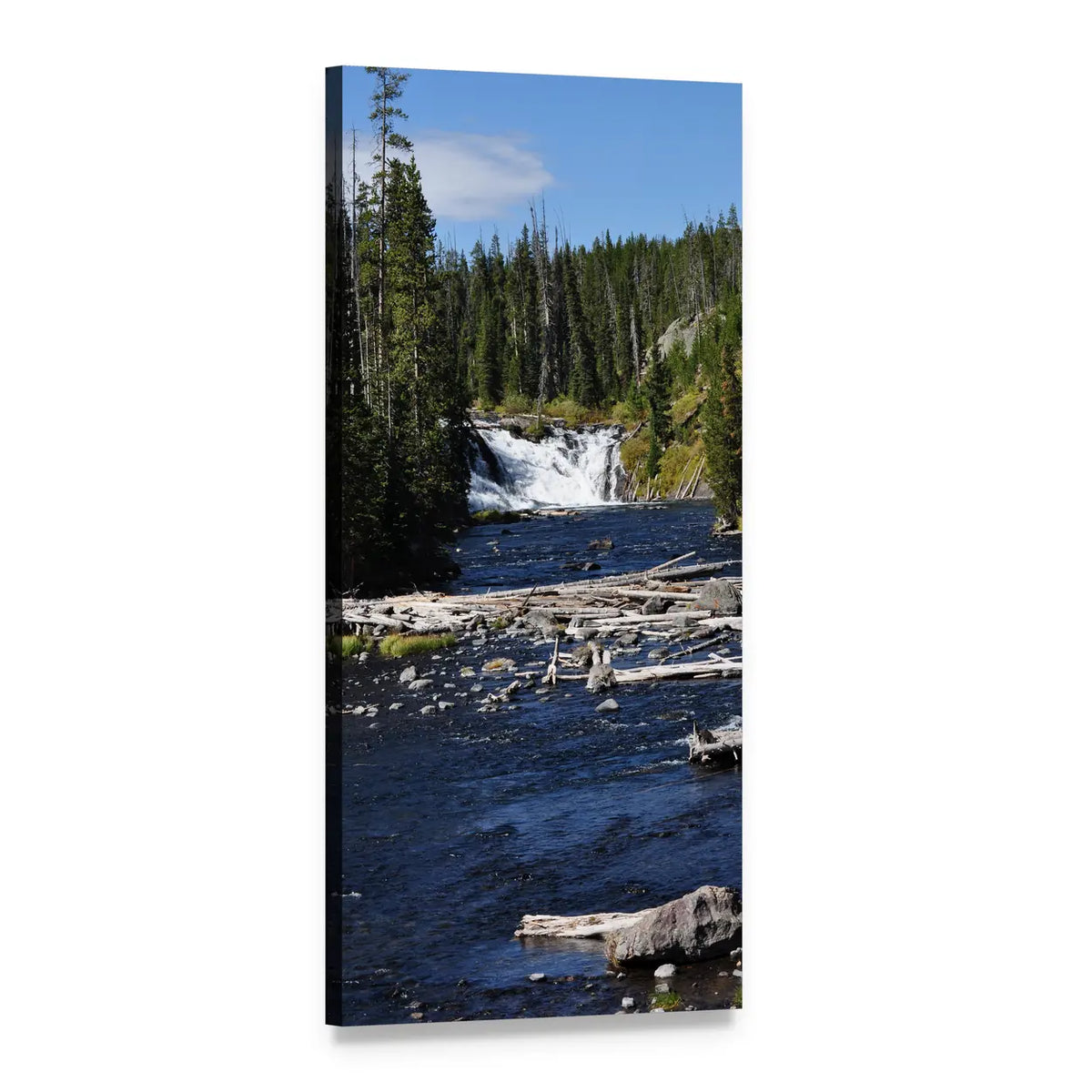 Yellowstone Waterfall with Fallen Logs Vertical Canvas Wall Art, 1 panel 1 Vertical layout gallery wrapped canvas set, angled product view