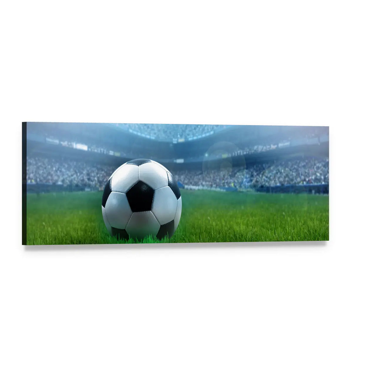 Close-up Soccer Ball on Stadium Field Panoramic Canvas Wall Art, single panel gallery wrapped canvas, angled product view