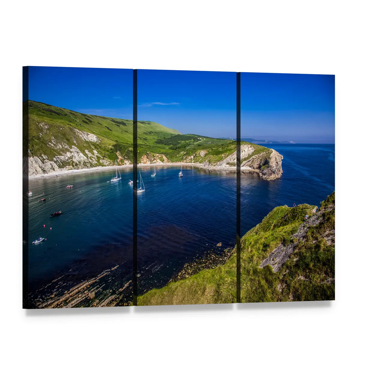 British Coastal Bay with Sailboats Canvas Wall Art, 3 panel 3 Horizontal layout gallery wrapped canvas set, angled product view