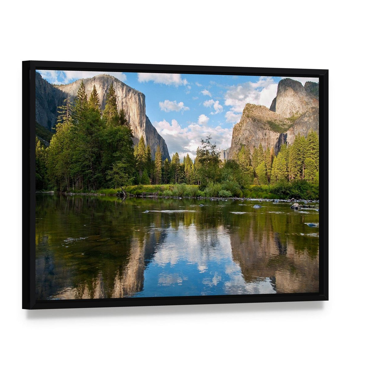 Yosemite National Park Landscape Canvas Wall Art, framed canvas in a black floater frame, angled product view