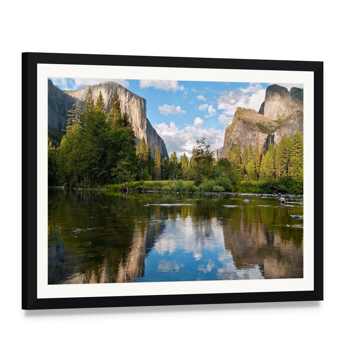 Yosemite National Park Landscape Canvas Wall Art, framed print with white mat and black frame, angled product view