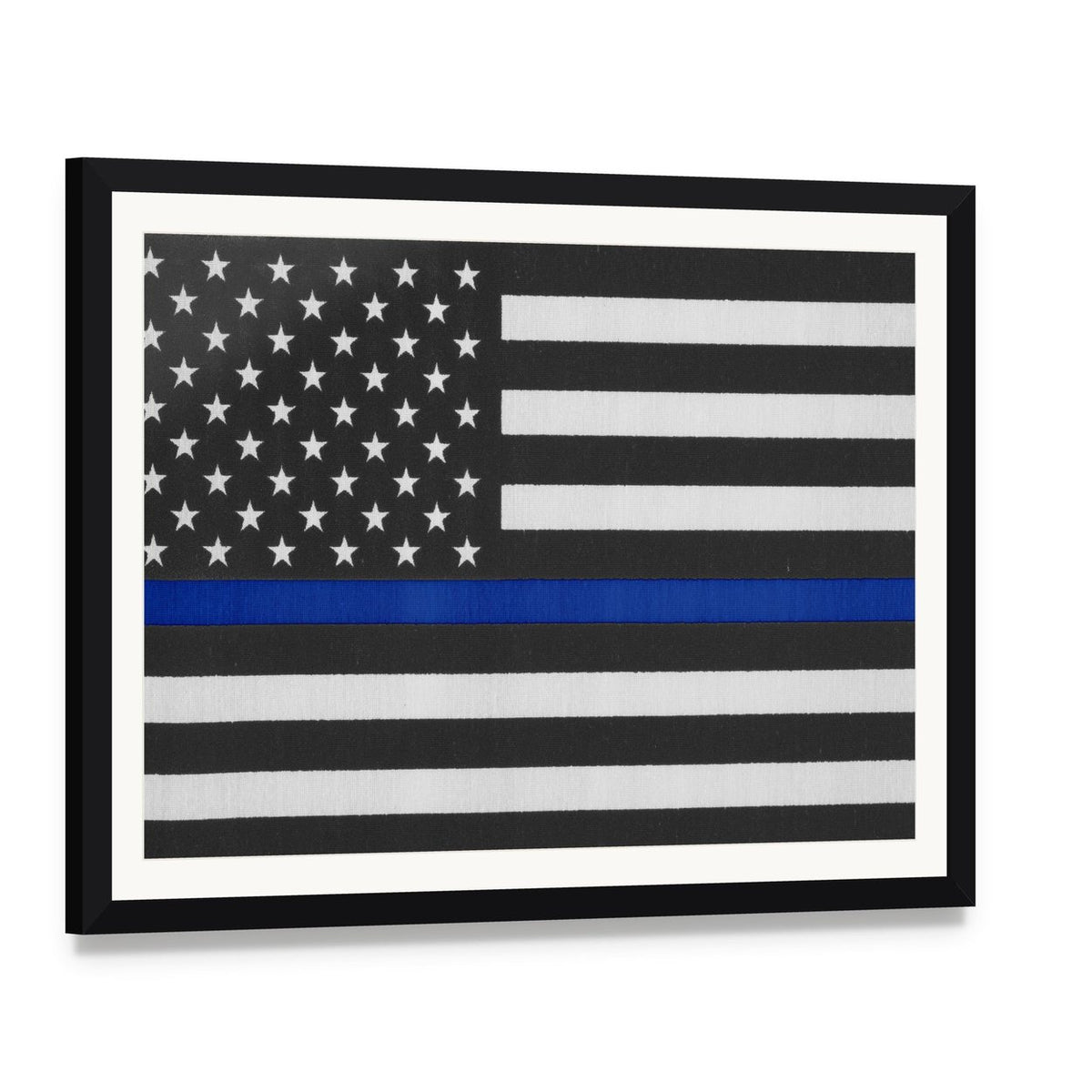 Thin Blue Line American Police Flag Canvas Wall Art, framed print with white mat and black frame, angled product view
