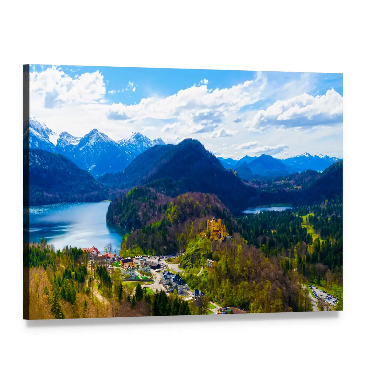 Hohenschwangau Castle Over Blue Lake Canvas Wall Art, single panel gallery wrapped canvas, angled product view