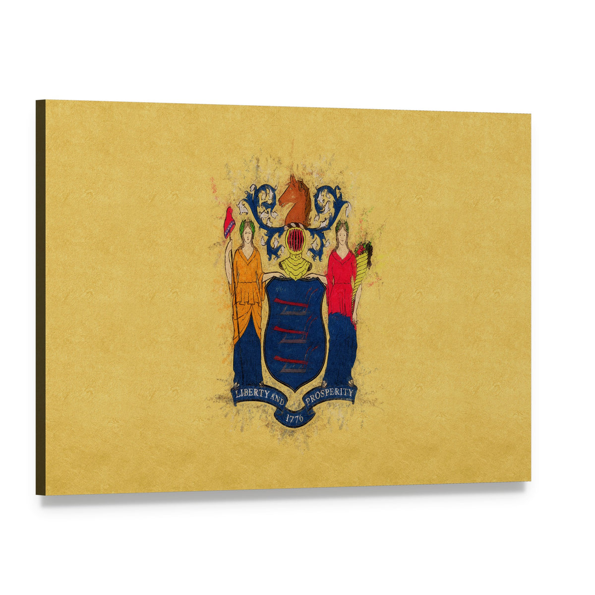 New Jersey Flag with State Seal Canvas Wall Art, single panel gallery wrapped canvas, angled product view