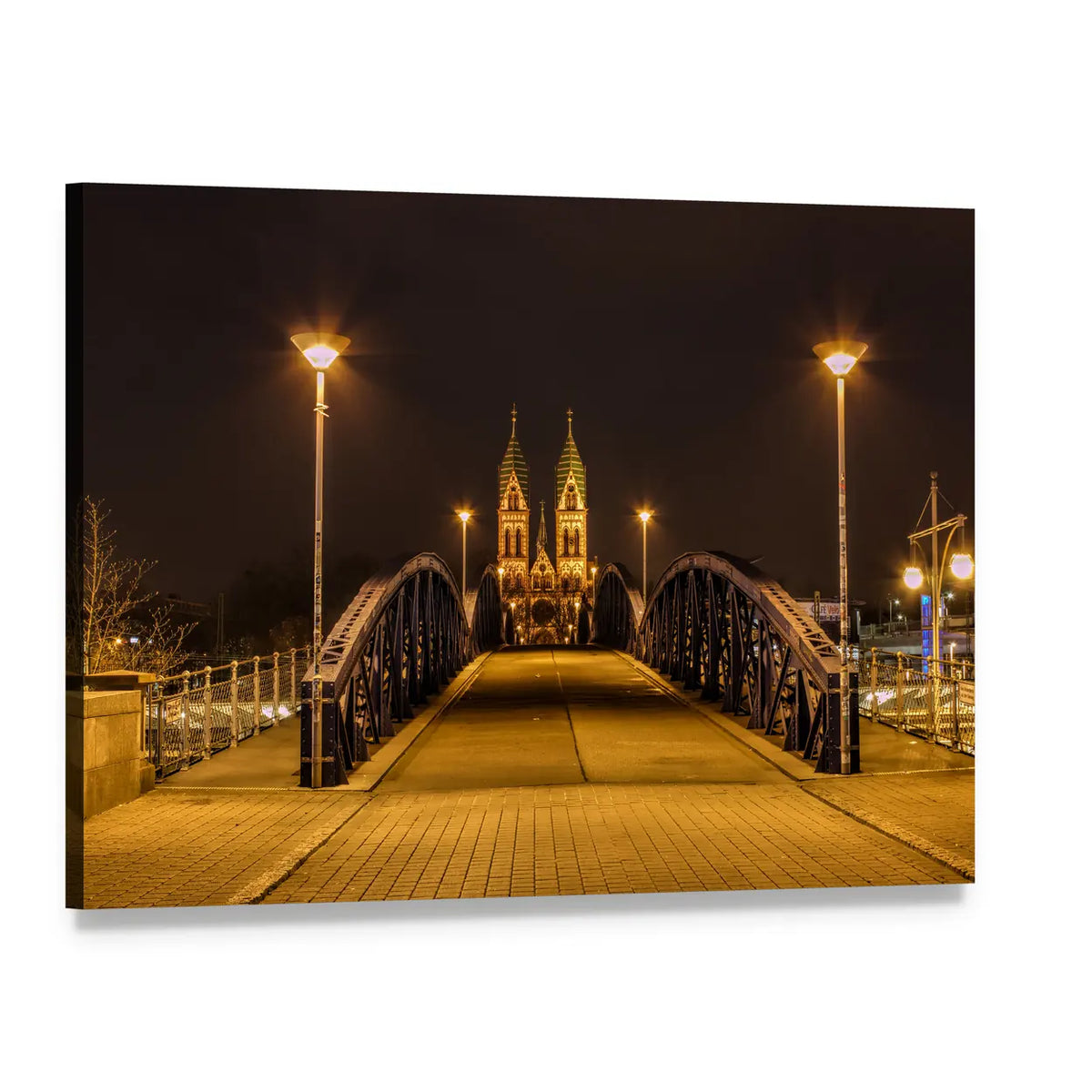 Freiburg Night Bridge and Church Spires Canvas Wall Art, single panel gallery wrapped canvas, angled product view