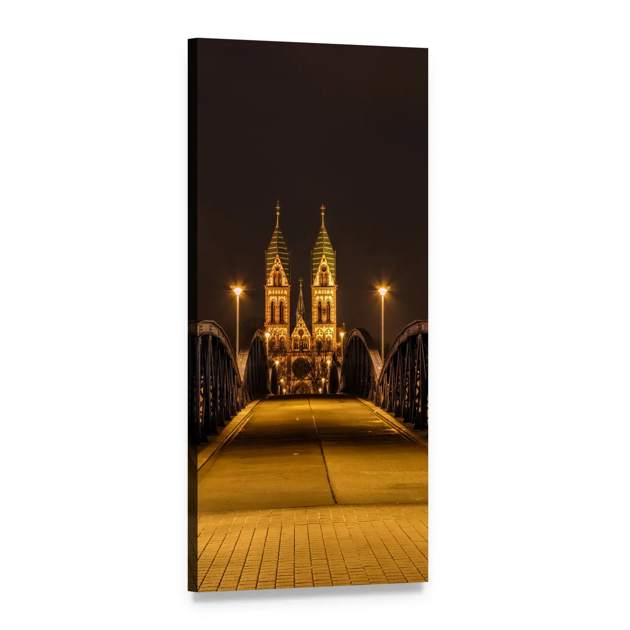 Gothic Cathedral Twin Spires at Night Vertical Canvas Wall Art, 1 panel 1 Vertical layout gallery wrapped canvas set, angled product view