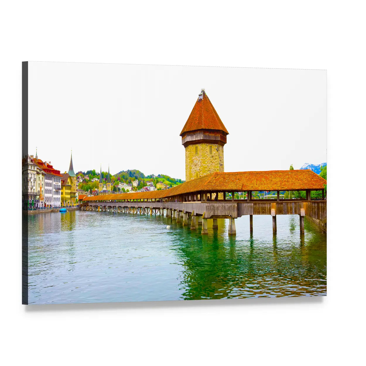 Chapel Bridge and Water Tower, Lucerne Canvas Wall Art, single panel gallery wrapped canvas, angled product view