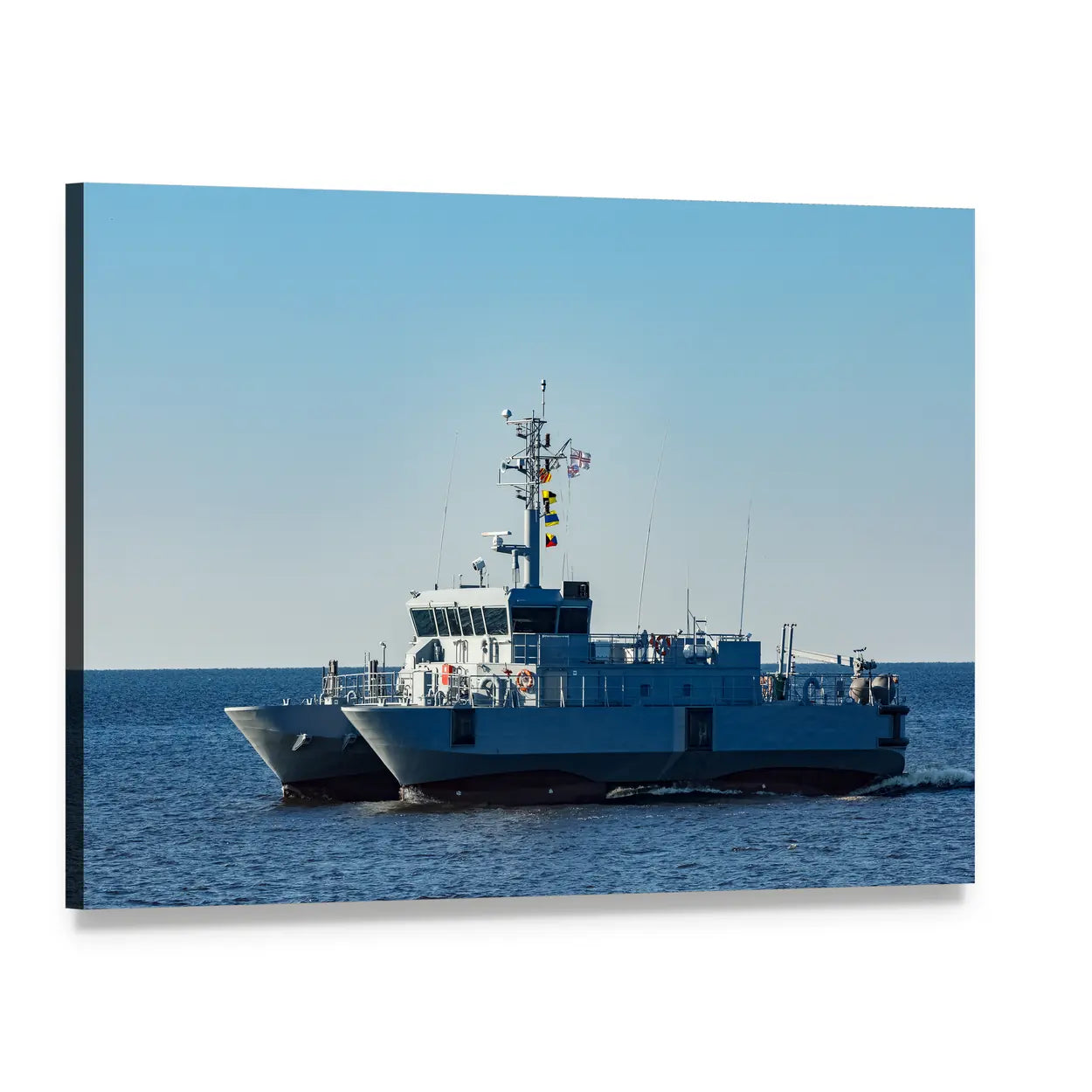 Grey Twin-hull Military Catamaran Canvas Wall Art, single panel gallery wrapped canvas, angled product view