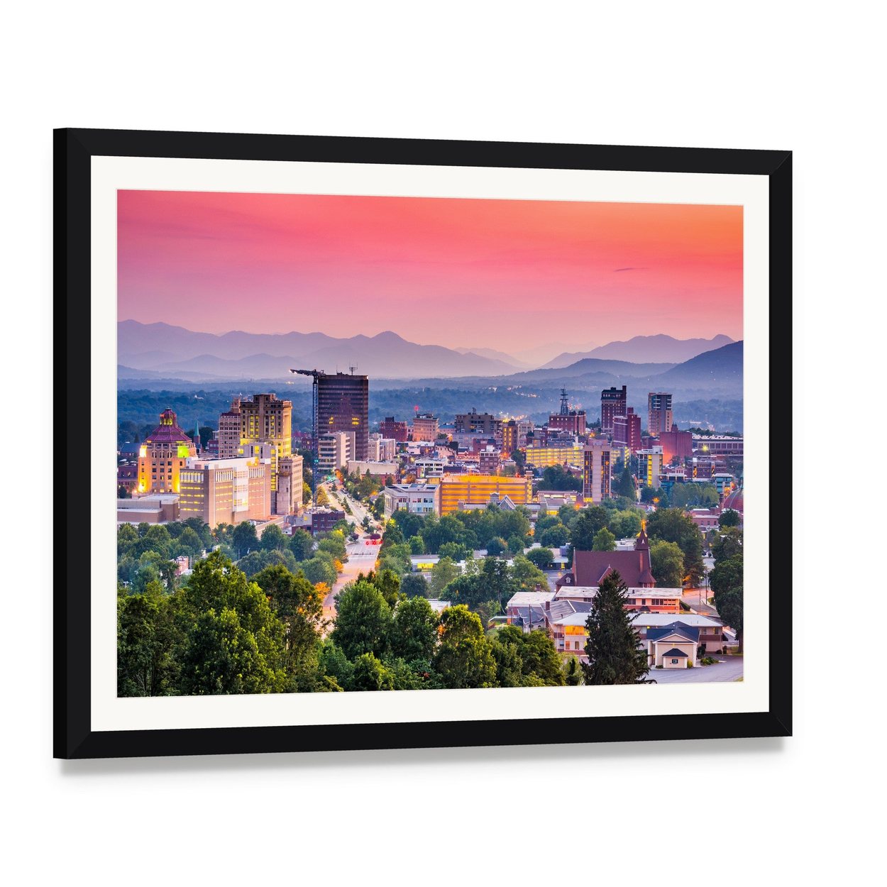 Asheville Skyline at Dusk Canvas Wall Art, framed print with white mat and black frame, angled product view