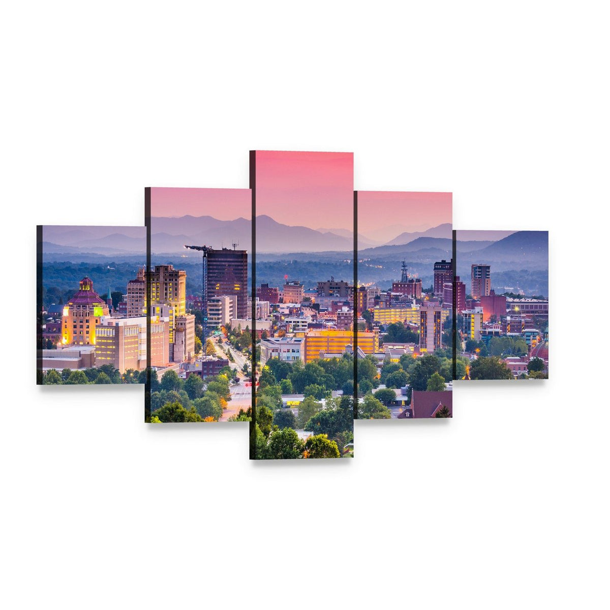 Asheville Skyline at Dusk Canvas Wall Art, 5 panel 5 Star layout gallery wrapped canvas set, angled product view