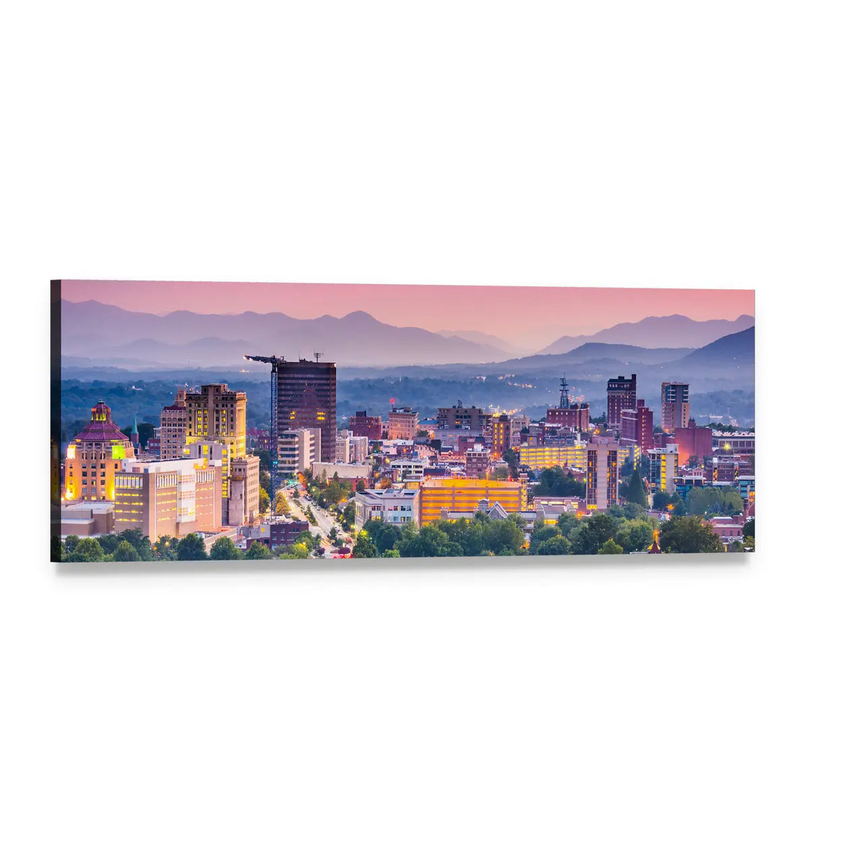 Asheville Skyline at Dusk Panoramic Canvas Wall Art, single panel gallery wrapped canvas, angled product view