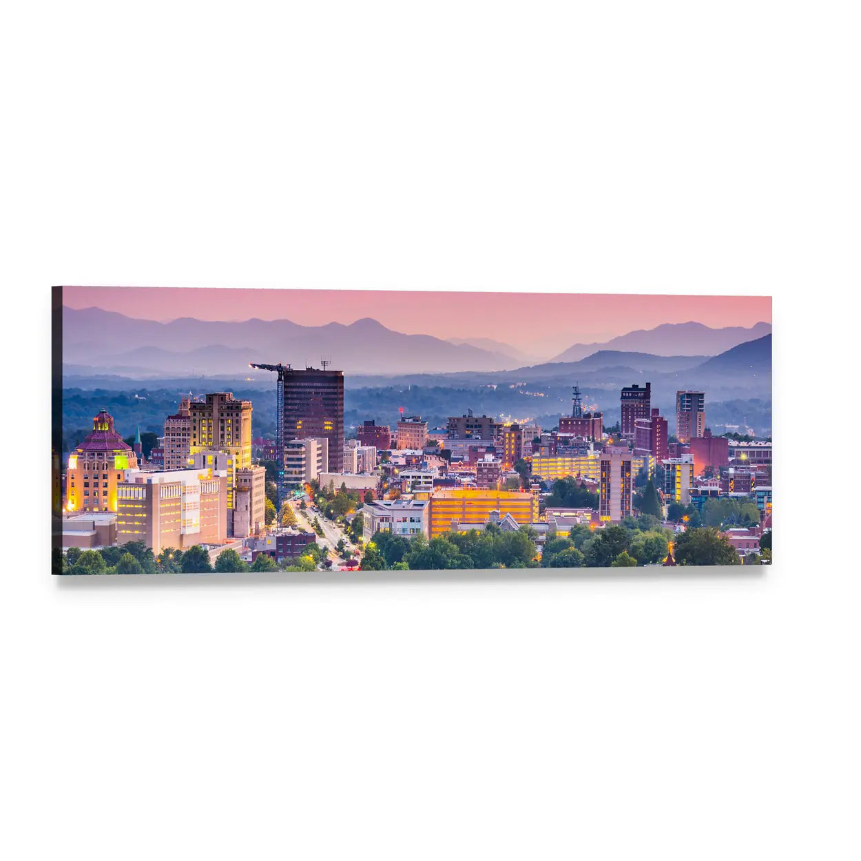 Asheville Skyline at Dusk Panoramic Canvas Wall Art, single panel gallery wrapped canvas, angled product view