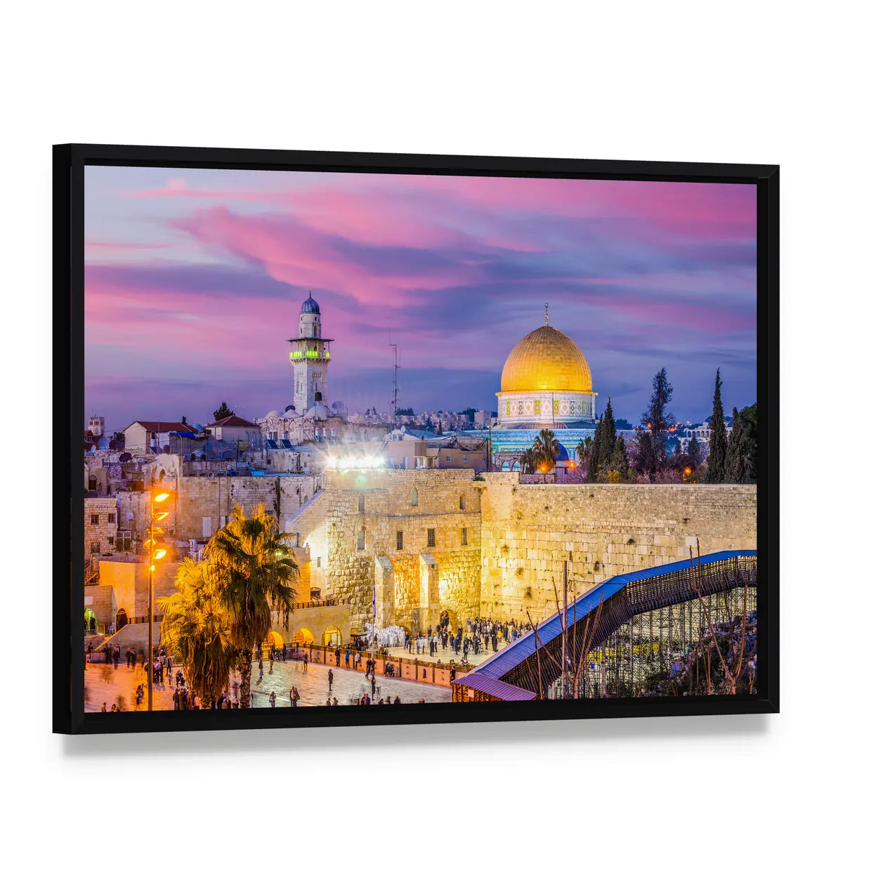 Western and Dome of the Rock, Jerusalem Canvas Wall Art, framed canvas in a black floater frame, angled product view