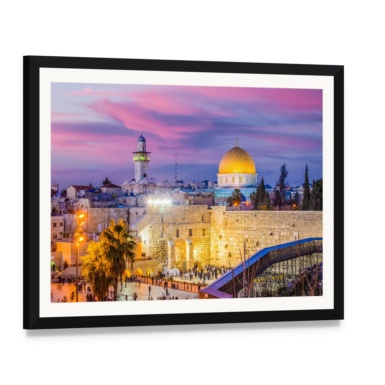 Western and Dome of the Rock, Jerusalem Canvas Wall Art, framed print with white mat and black frame, angled product view