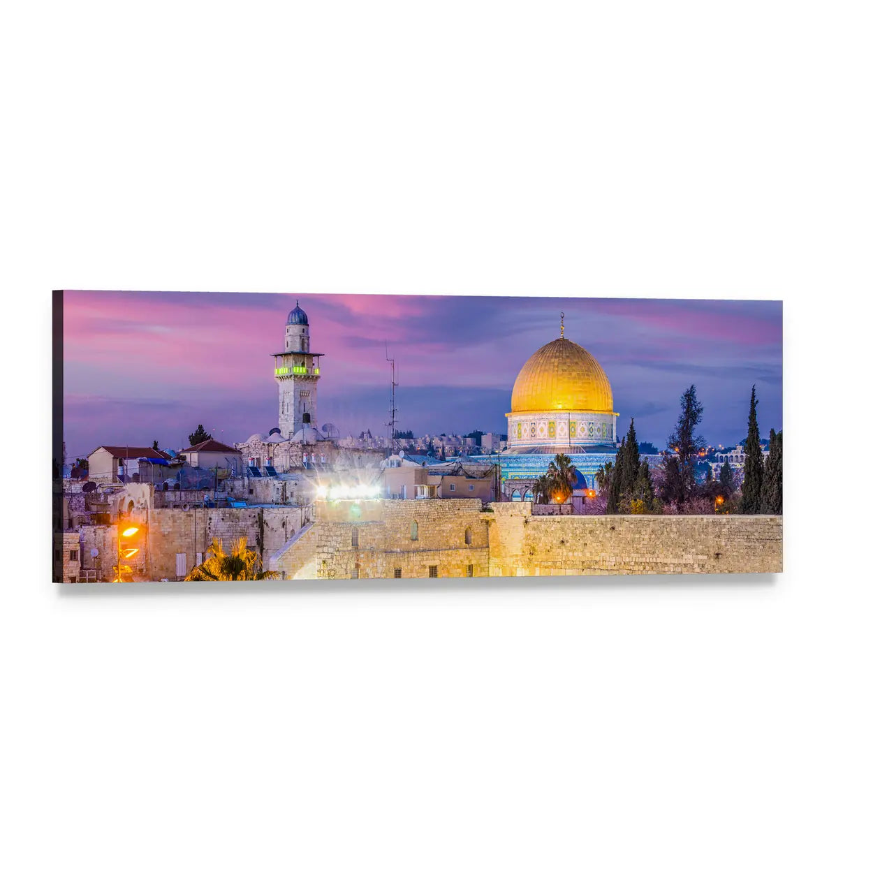 Al Aqsa Mosque Skyline at Dusk Panoramic Canvas Wall Art, single panel gallery wrapped canvas, angled product view