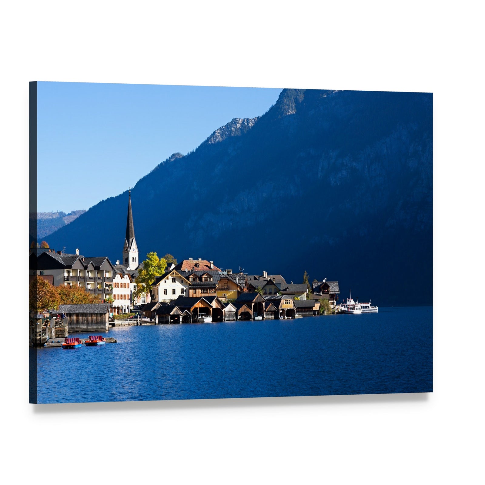 Hallstatt Village by the Lake Canvas Wall Art, single panel gallery wrapped canvas, angled product view