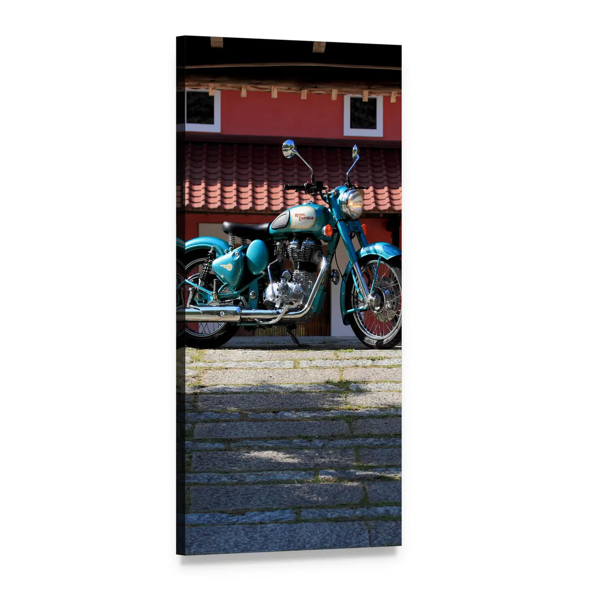 Vintage Teal Motorcycle on Stone Path Vertical Canvas Wall Art, 1 panel 1 Vertical layout gallery wrapped canvas set, angled product view