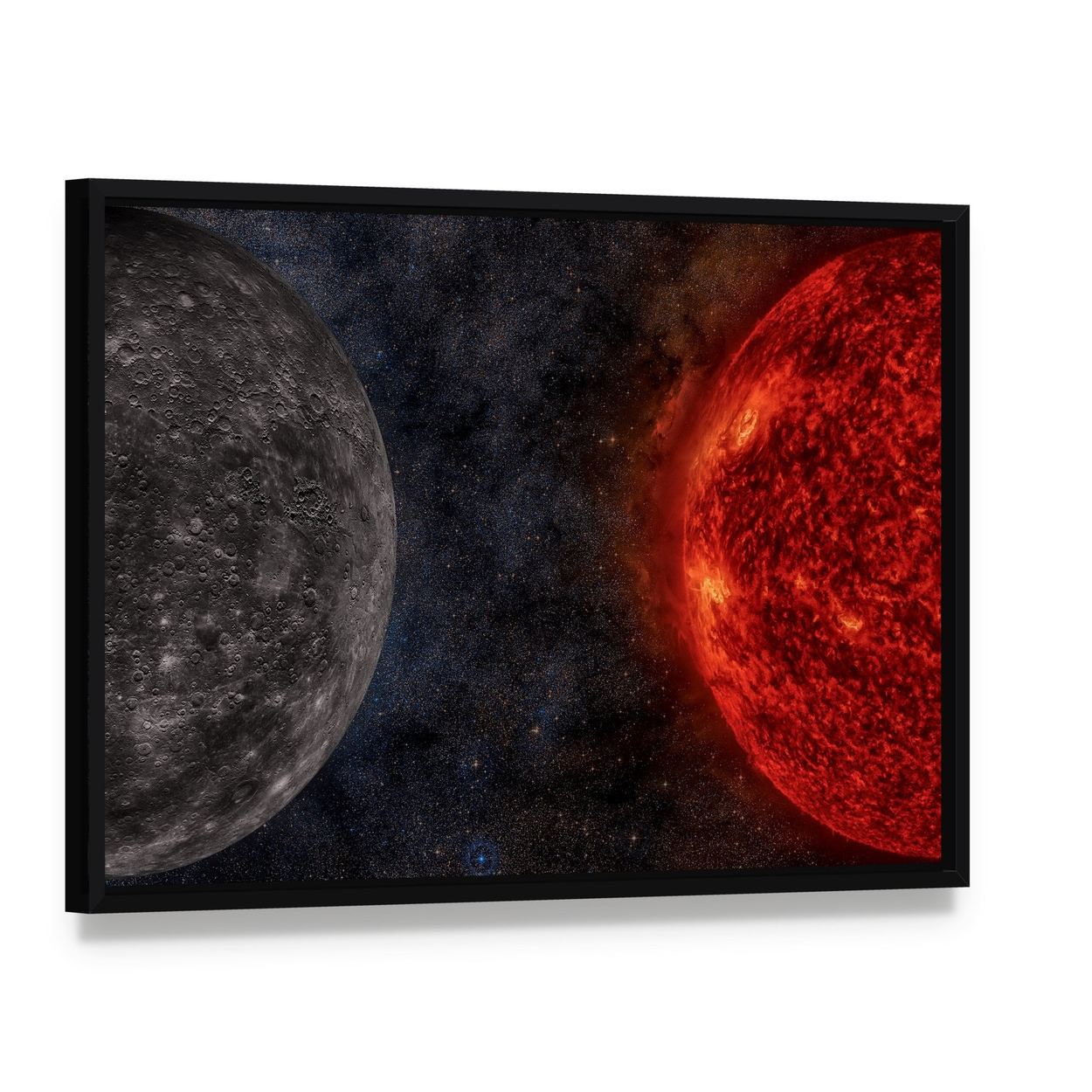 Solar System Mercury Canvas Wall Art, framed canvas in a black floater frame, angled product view