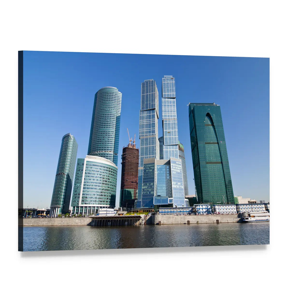 Moscow City Skyscrapers Under Blue Sky Canvas Wall Art, single panel gallery wrapped canvas, angled product view