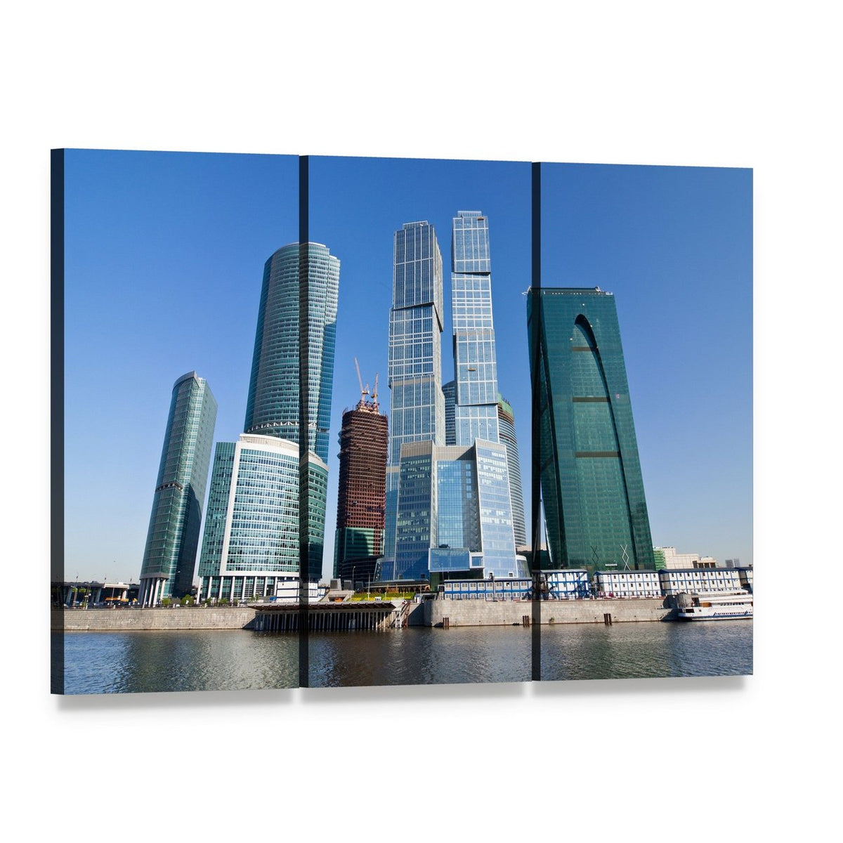 Moscow City Skyscrapers Under Blue Sky Canvas Wall Art, 3 panel 3 Horizontal layout gallery wrapped canvas set, angled product view