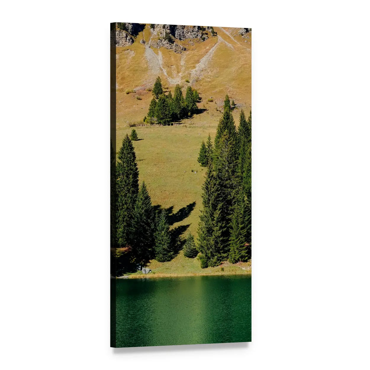 Mountain Lake with Pine Trees Vertical Canvas Wall Art, 1 panel 1 Vertical layout gallery wrapped canvas set, angled product view