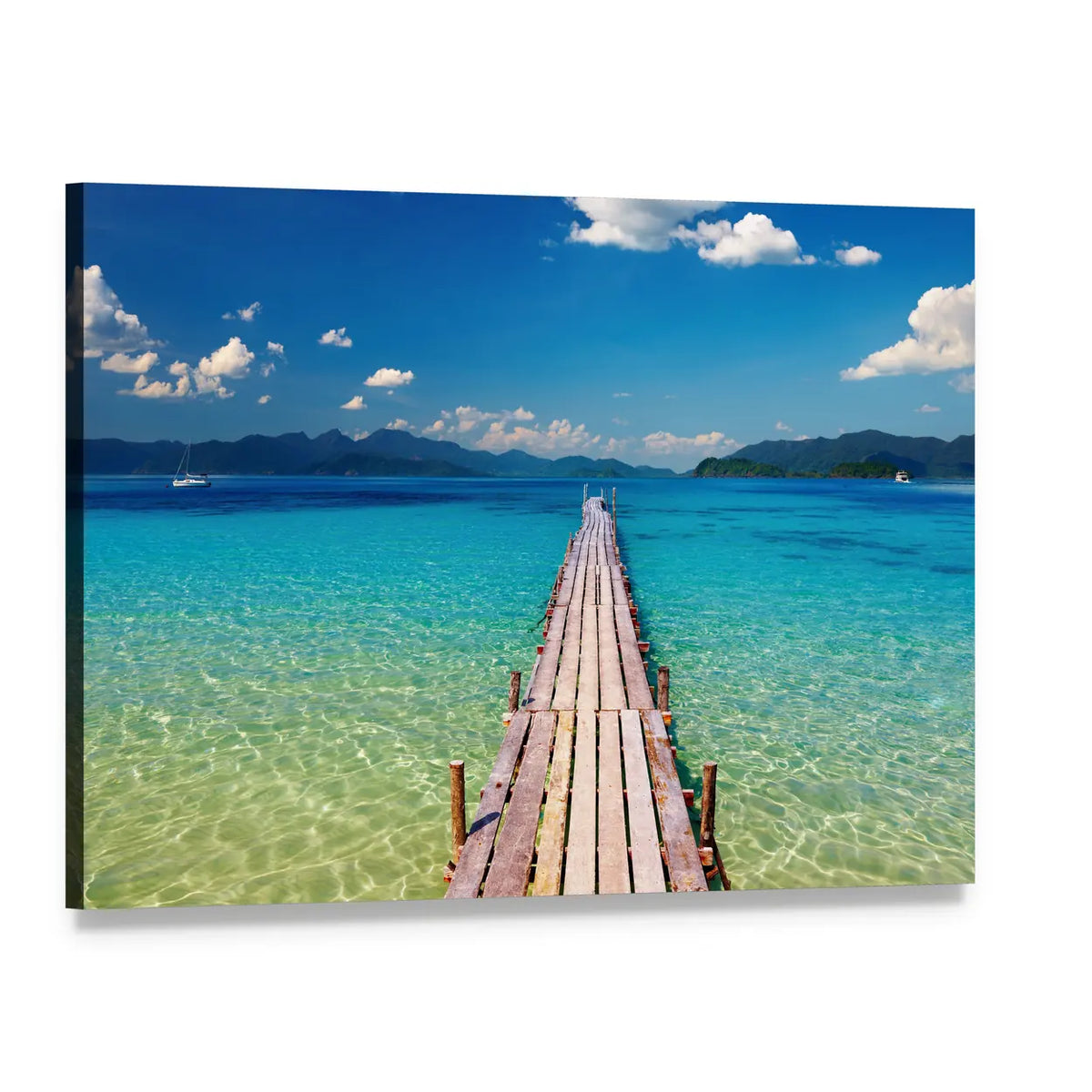 Weathered Wooden Pier Over Turquoise Water Canvas Wall Art, single panel gallery wrapped canvas, angled product view