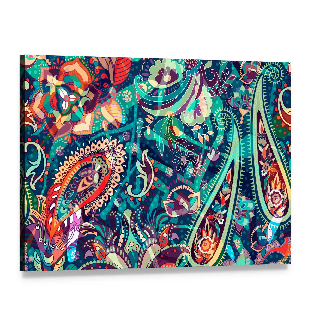 Colorful Boho Paisley Floral Canvas Wall Art, single panel gallery wrapped canvas, angled product view