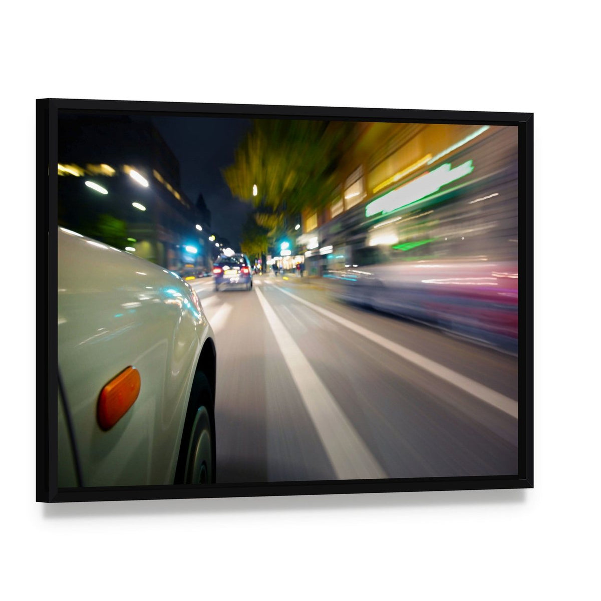 Car in Motion Blur Canvas Wall Art, framed canvas in a black floater frame, angled product view