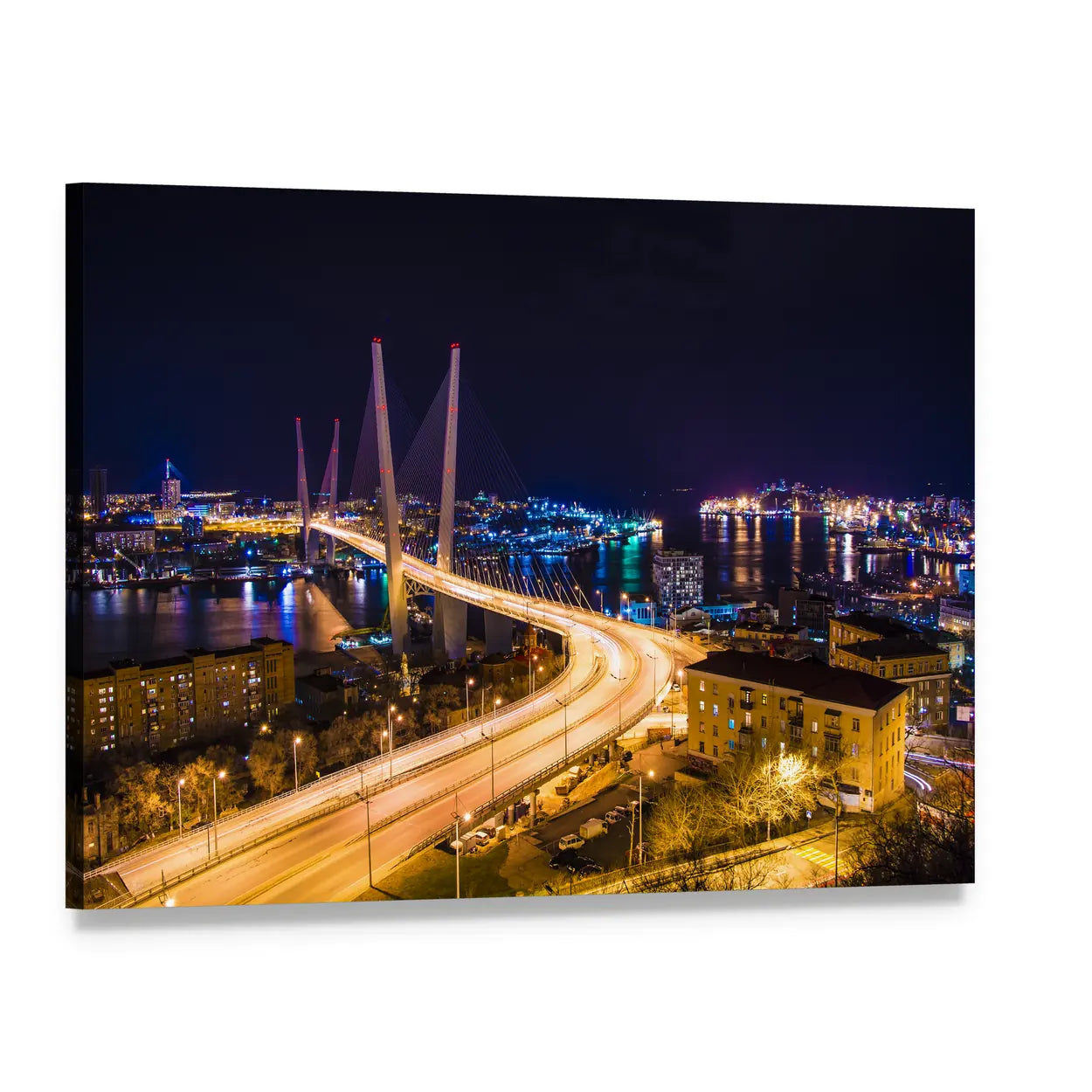 Illuminated Cable-stayed Bridge at Night Canvas Wall Art, single panel gallery wrapped canvas, angled product view