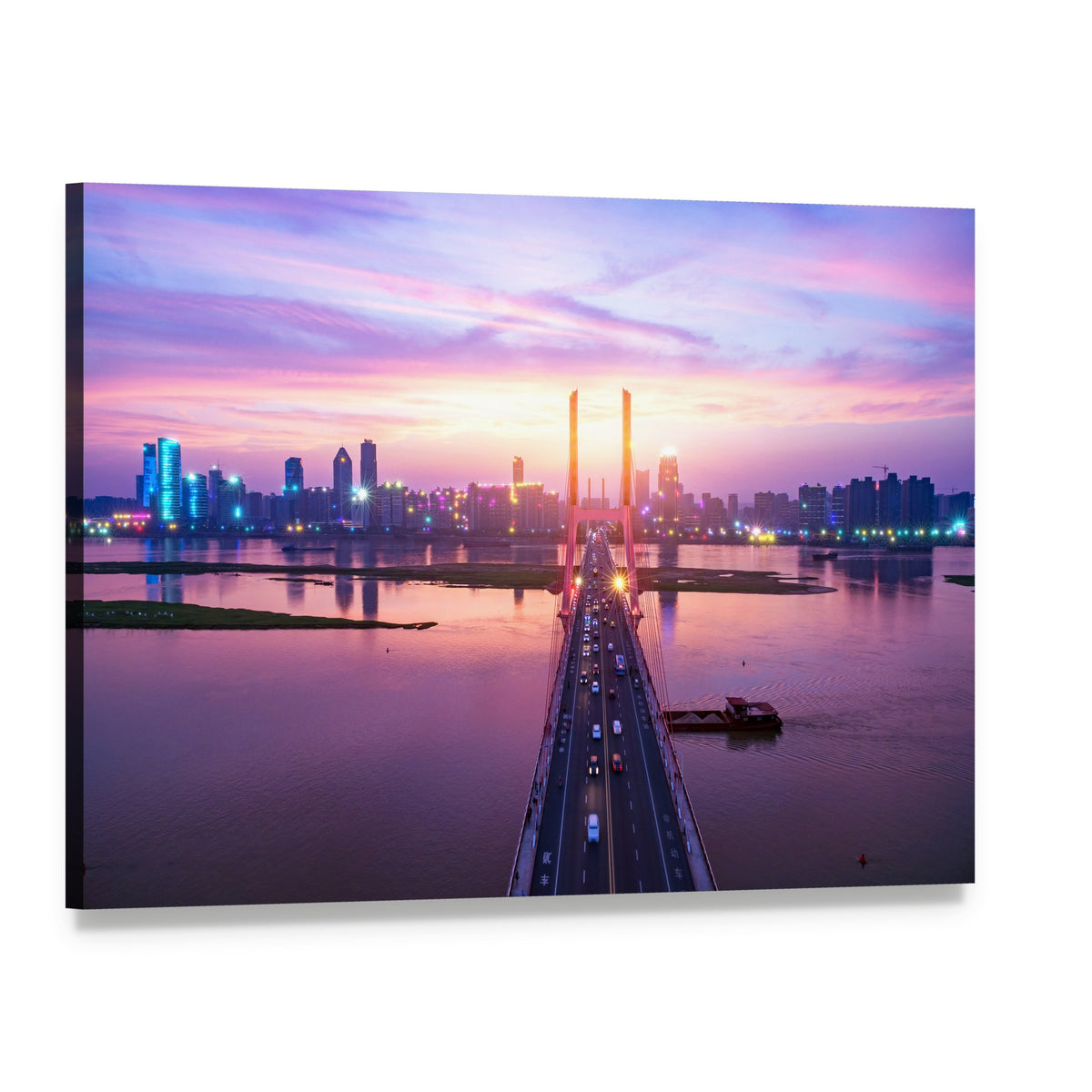 Modern Suspension Bridge at Sunset Canvas Wall Art, single panel gallery wrapped canvas, angled product view
