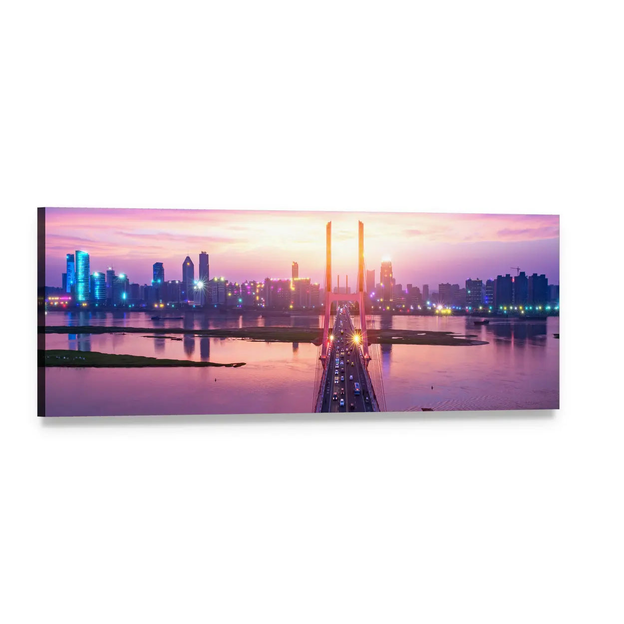 Cable-stayed Bridge at Dusk with City Skyline Panoramic Canvas Wall Art, single panel gallery wrapped canvas, angled product view