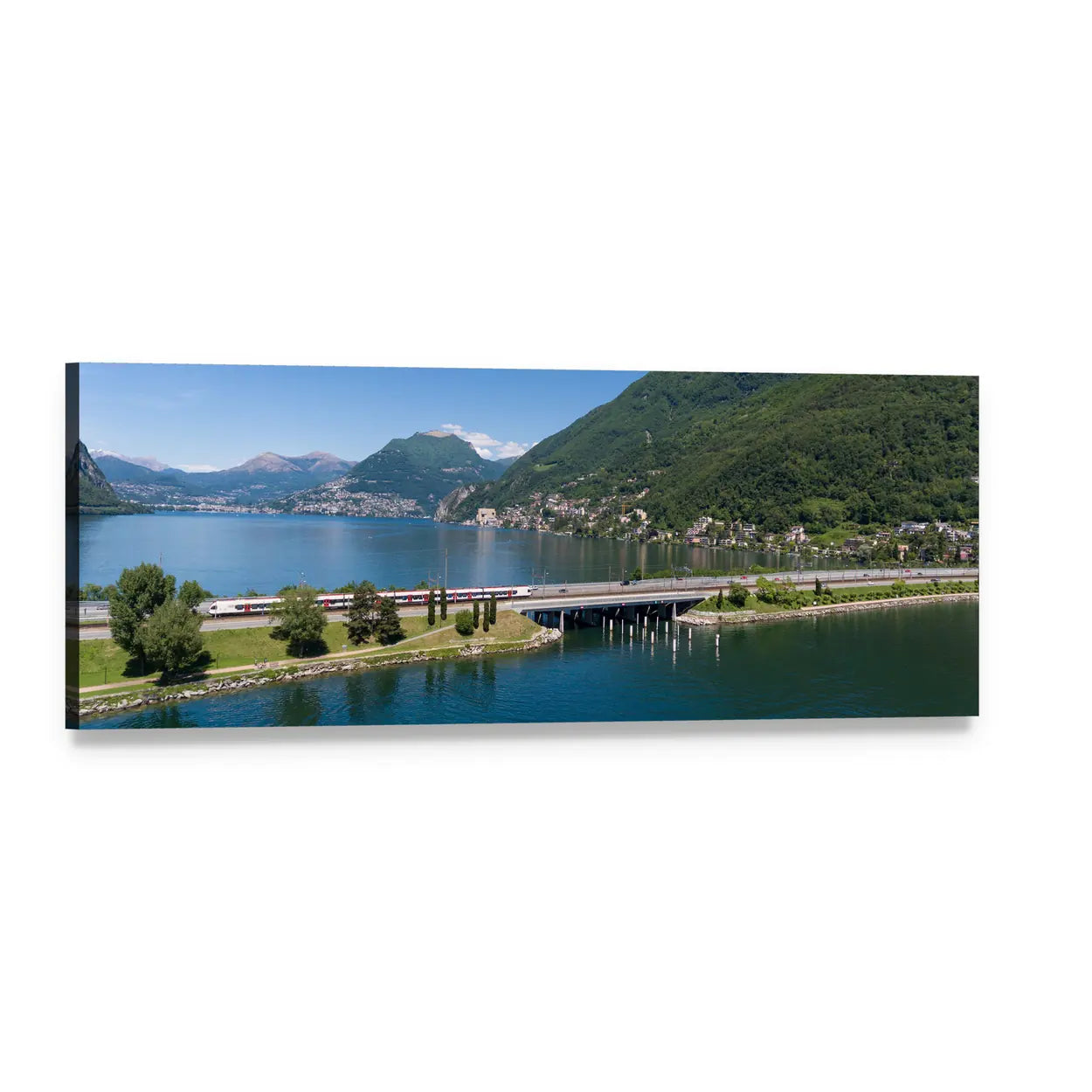 Melide Dam Switzerland Panoramic Canvas Wall Art, single panel gallery wrapped canvas, angled product view