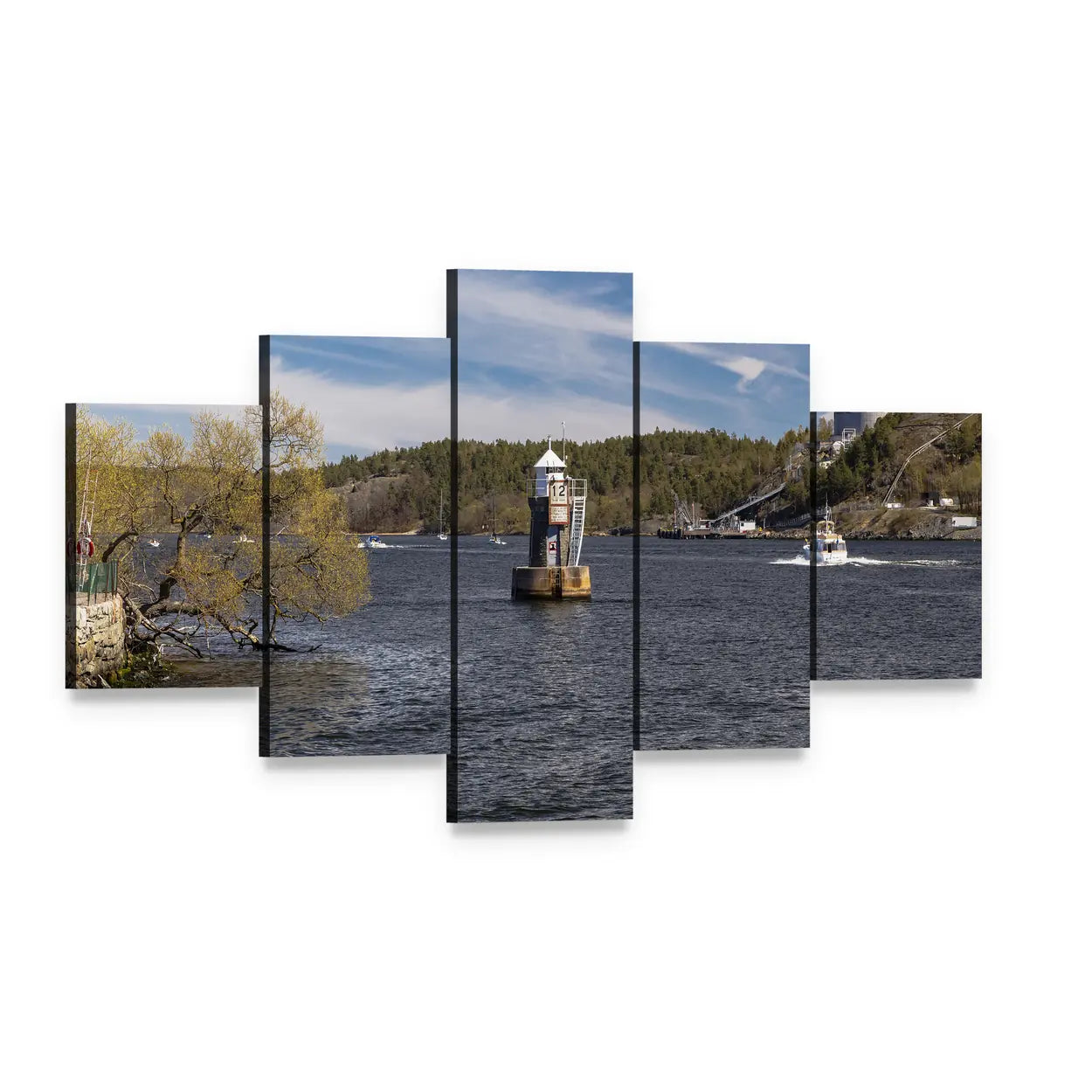 Lighthouse on Lake Malaren Canvas Wall Art, 5 panel 5 Star layout gallery wrapped canvas set, angled product view