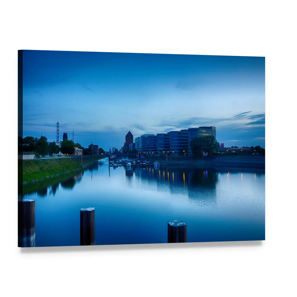 Timbered Harbor at Dusk Canvas Wall Art, single panel gallery wrapped canvas, angled product view
