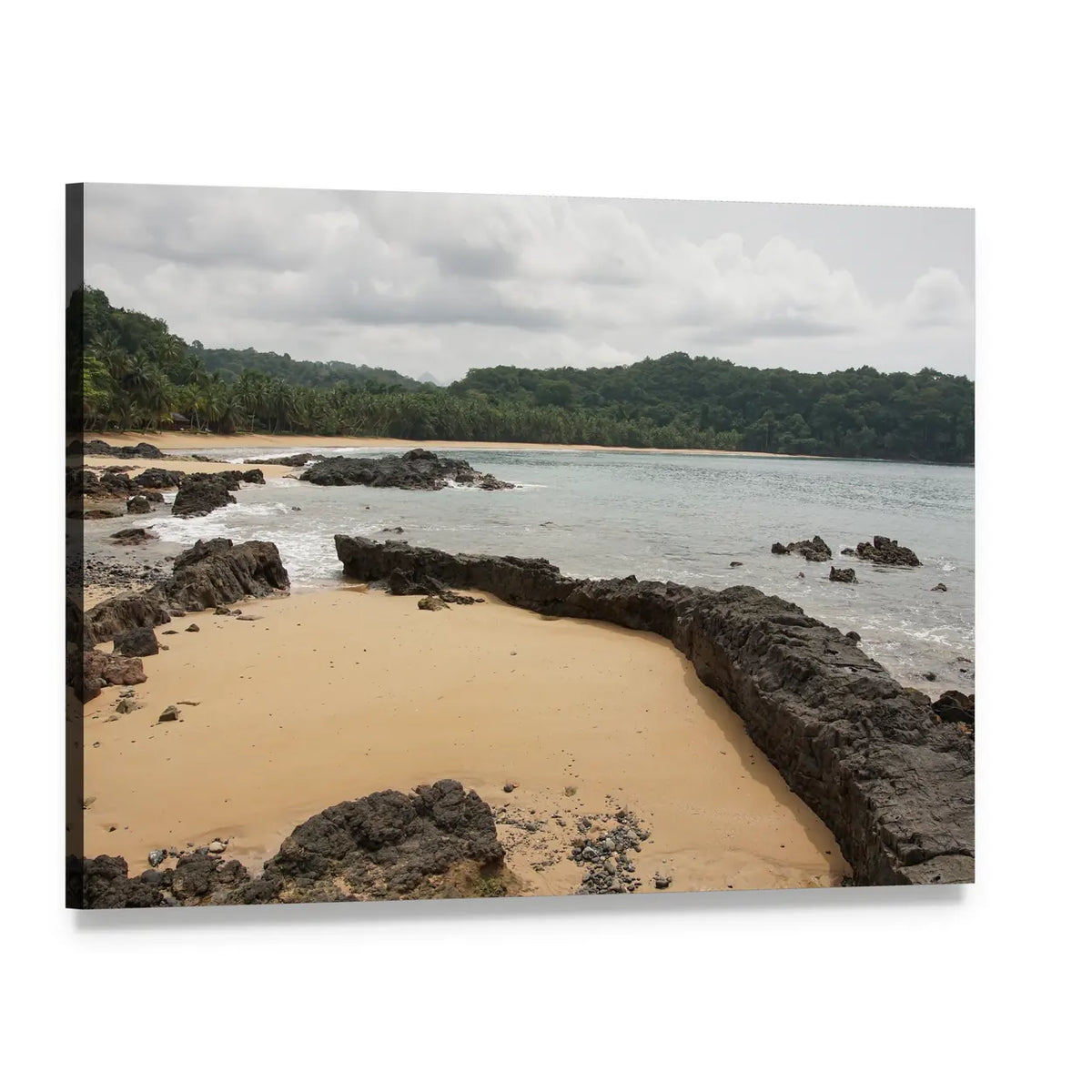 Overcast Tropical Beach with Jagged Rocks Canvas Wall Art, single panel gallery wrapped canvas, angled product view