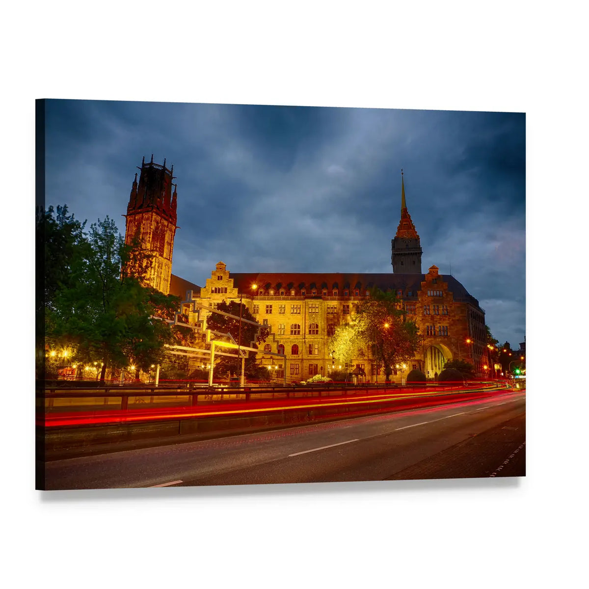 City Hall of Duisburg at Night Canvas Wall Art, single panel gallery wrapped canvas, angled product view
