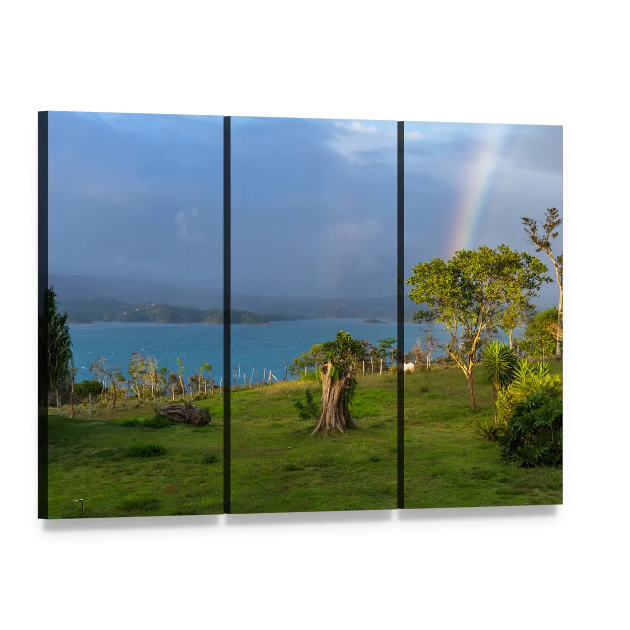Lake Arenal with Rainbow and Lone Tree Canvas Wall Art, 3 panel 3 Horizontal layout gallery wrapped canvas set, angled product view