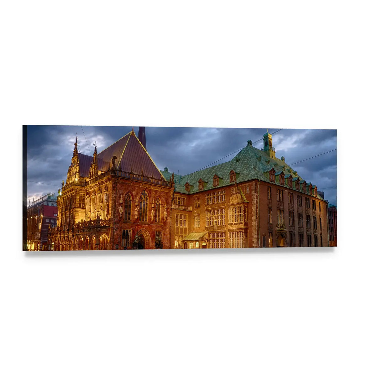 Historic Bremen Town Hall at Night Panoramic Canvas Wall Art, single panel gallery wrapped canvas, angled product view