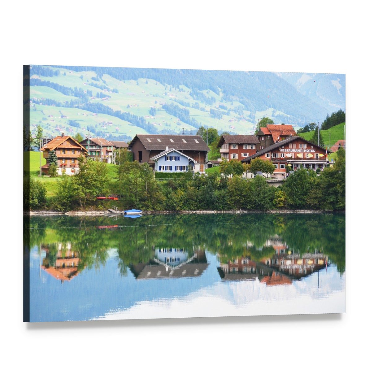 Lungerer Lake Switzerland Canvas Wall Art, single panel gallery wrapped canvas, angled product view
