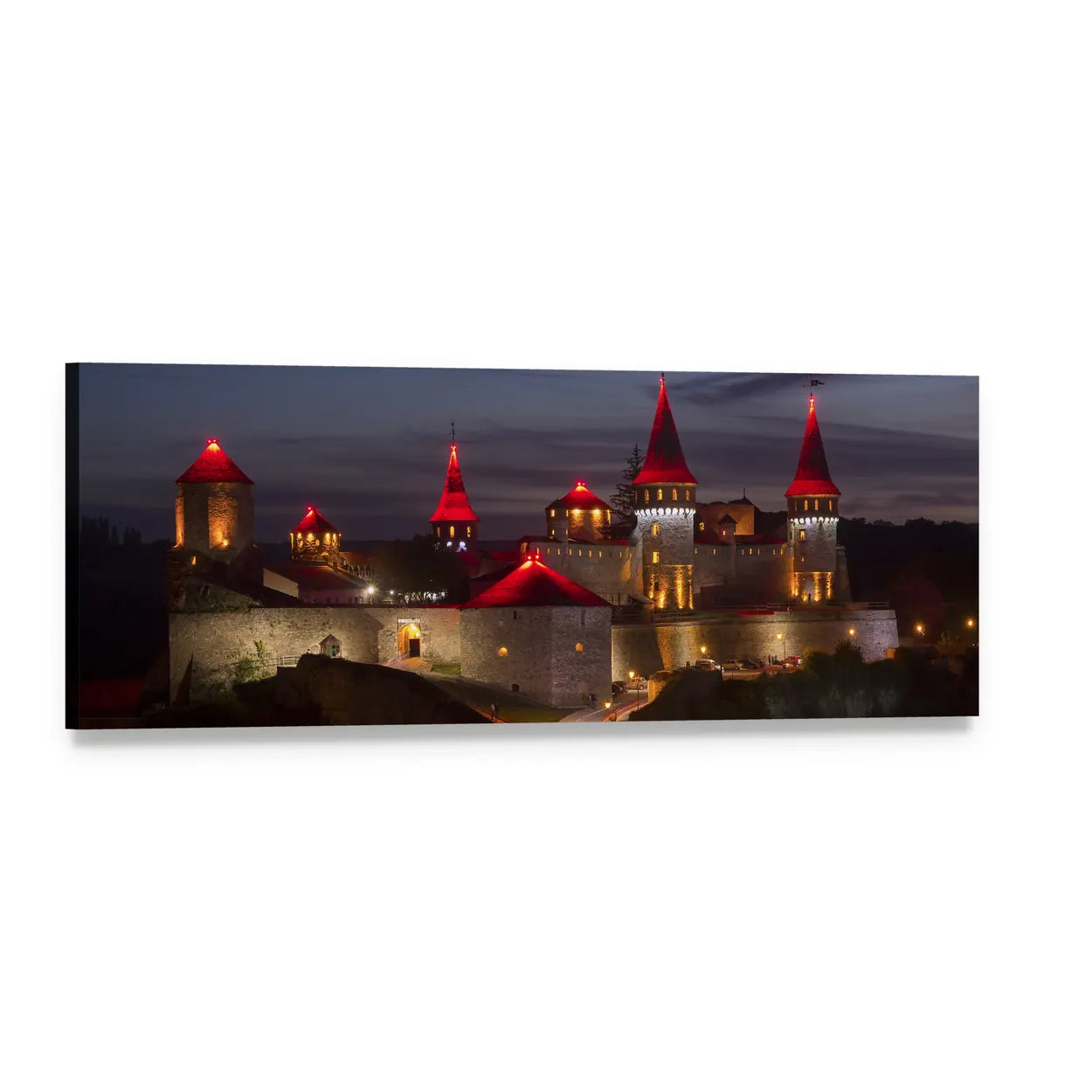 Kamyanets-podilsky Castle at Twilight Panoramic Canvas Wall Art, single panel gallery wrapped canvas, angled product view