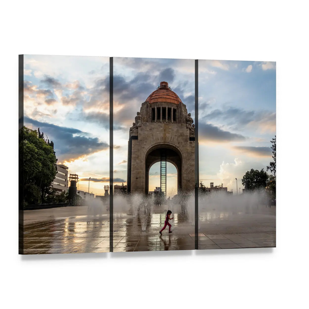 Fountain at Monument to the Mexican Revolution Canvas Wall Art, 3 panel 3 Horizontal layout gallery wrapped canvas set, angled product view
