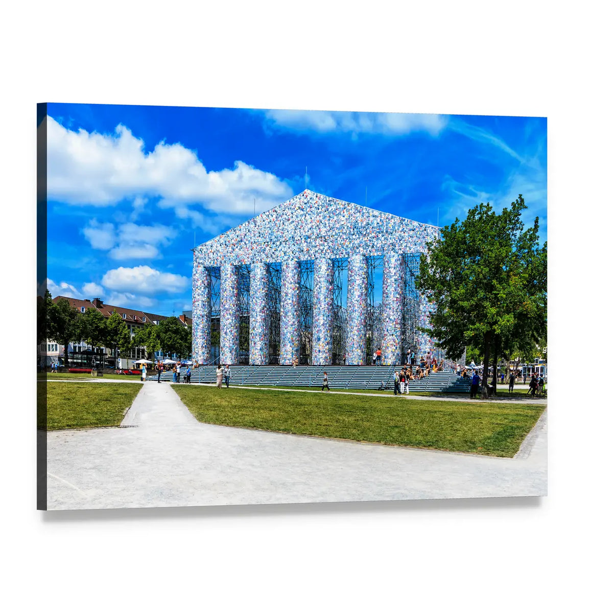 Book-covered Temple Facade Canvas Wall Art, single panel gallery wrapped canvas, angled product view