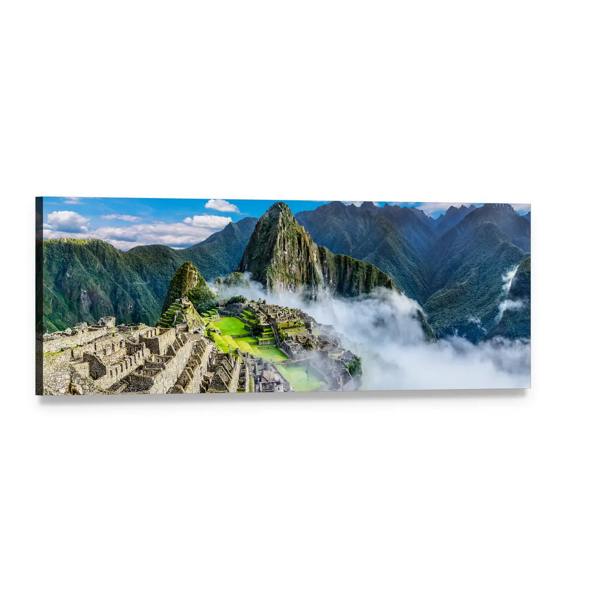 Machu Picchu Terraced Ruins Overlook Panoramic Canvas Wall Art, single panel gallery wrapped canvas, angled product view