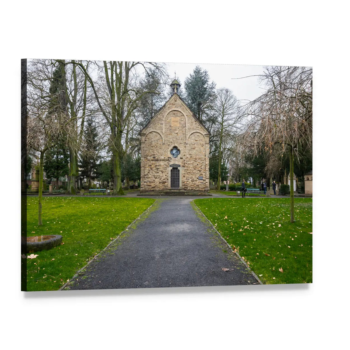 Stone Chapel in Old Cemetery Canvas Wall Art, single panel gallery wrapped canvas, angled product view