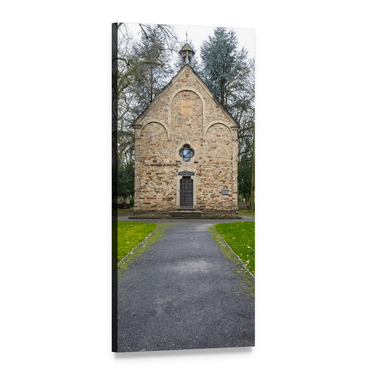 Stone Chapel in Bonn Cemetery Vertical Canvas Wall Art, 1 panel 1 Vertical layout gallery wrapped canvas set, angled product view