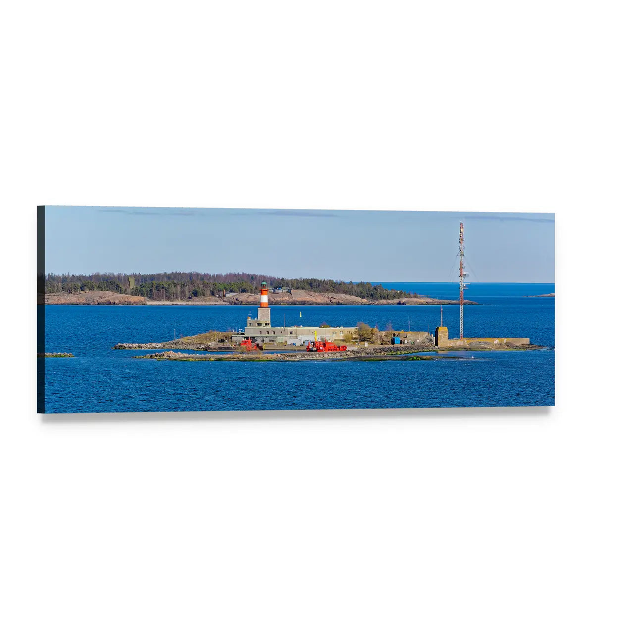 Small Island Lighthouse with Communications Tower Panoramic Canvas Wall Art, single panel gallery wrapped canvas, angled product view