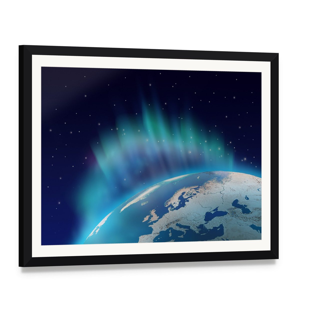 Northern Lights Over Planet Earth Canvas Wall Art, framed print with white mat and black frame, angled product view