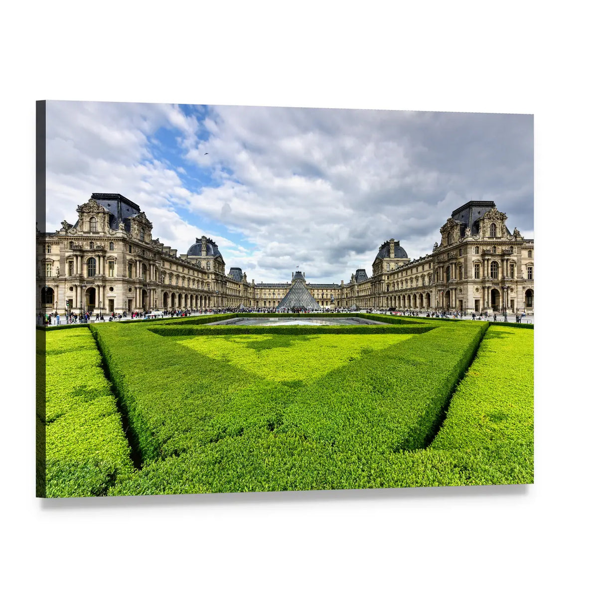 Louvre Museum and Glass Pyramid Canvas Wall Art, single panel gallery wrapped canvas, angled product view